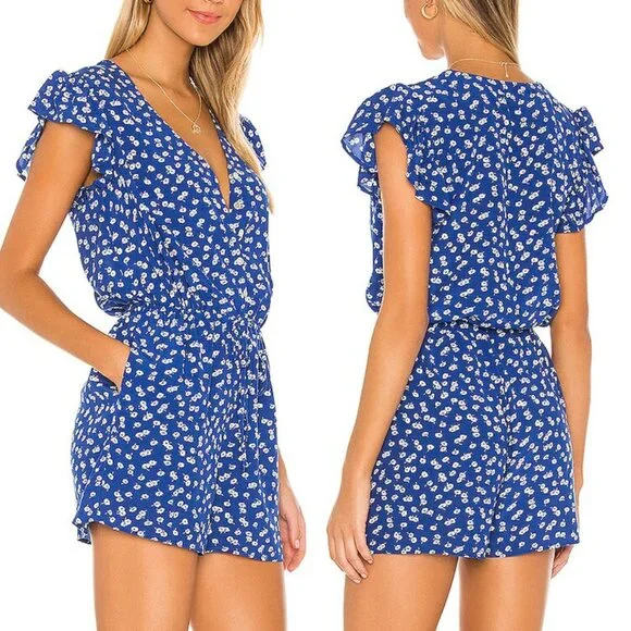 Rails Chloe Cobalt Floating Daisies Romper S Flutter Sleeves Blue Revolve $178 - Picture 3 of 16